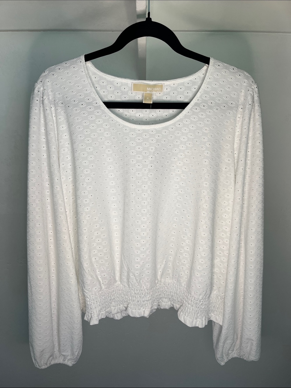 Michael Kors White Eyelet Long Sleeve Top with Smocked Hem